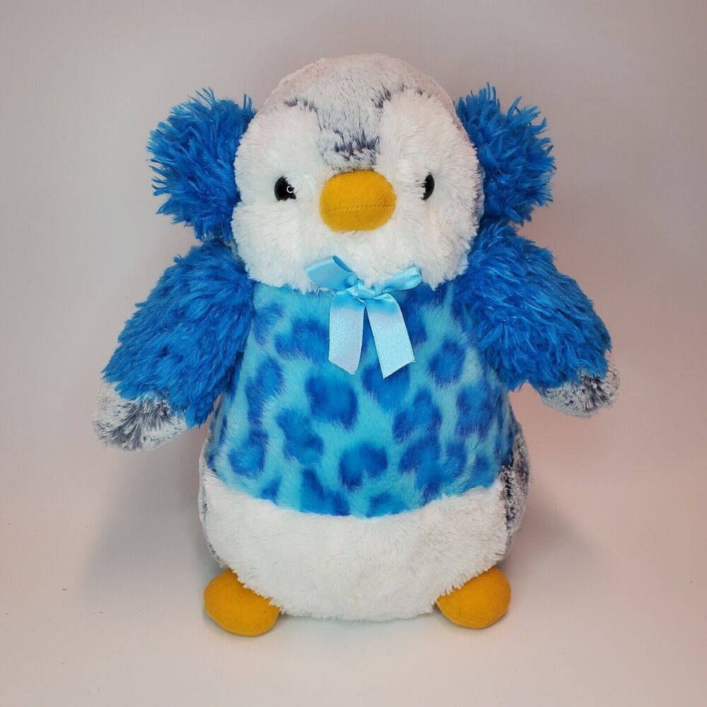 Aurora World Blue Leopard Print‎ Penguin Plush with Earmuffs and Bow 12 Inch